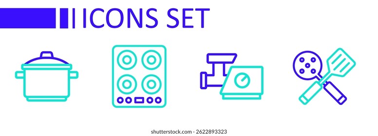 Set line Spatula, Kitchen meat grinder, Gas stove and Cooking pot icon. Vector