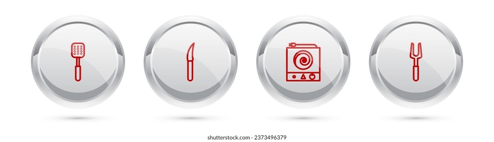 Establezca la línea Spatula, Knife, cocina eléctrica y horquilla de barbacoa. botón Círculo plateado. Vector