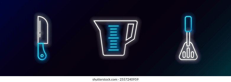 Set line Spatula, Knife and Measuring cup icon. Glowing neon. Vector