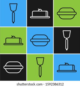 Set line Spatula , Macaron cookie  and Strawberry cheesecake slice icon. Vector