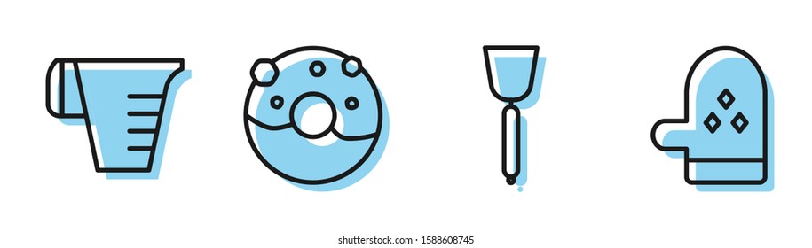 Set line Spatula , Measuring cup, Donut with sweet glaze  and Oven glove  icon. Vector