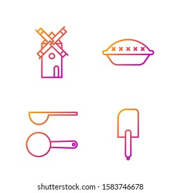Set line Spatula , Measuring spoon , Windmill  and Homemade pie . Gradient color icons. Vector