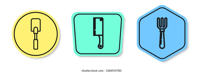 Set line Spatula , Meat chopper  and Fork . Colored shapes. Vector
