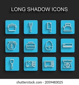 Set line Spatula, Microwave oven, Cooking pot, Scales, Air conditioner and Kitchen timer icon. Vector