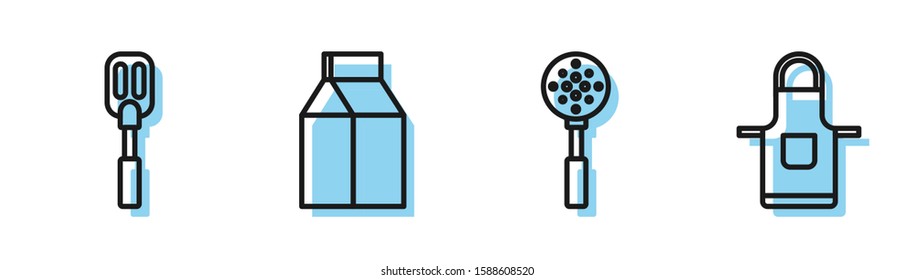 Set line Spatula , Spatula , Paper package for milk  and Kitchen apron  icon. Vector