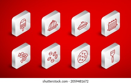 Set line Spatula, Pudding custard, Homemade pie, Cake, Cookie or biscuit, Ice cream, Coffee beans and Candy icon. Vector