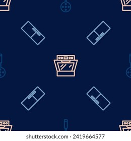 Set line Spatula, Refrigerator and Oven on seamless pattern. Vector