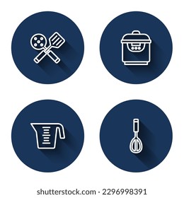 Set line Spatula, Slow cooker, Measuring cup and Kitchen whisk with long shadow. Blue circle button. Vector