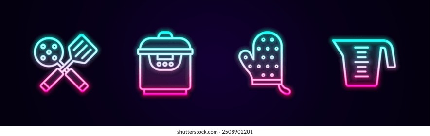 Set line Spatula, Slow cooker, Oven glove and Measuring cup. Glowing neon icon. Vector