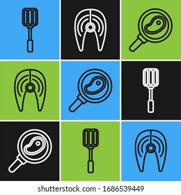 Set line Spatula, Steak meat in frying pan and Fish steak icon. Vector