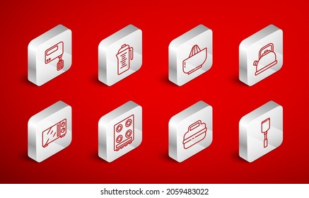 Set line Spatula, Teapot, Citrus fruit juicer, Kettle with handle, Cooking, Electric mixer, Gas stove and Microwave oven icon. Vector