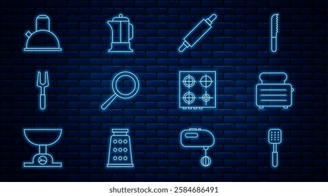 Set line Spatula, Toaster with toasts, Rolling pin, Frying pan, Barbecue fork, Kettle handle, Gas stove and French press icon. Vector