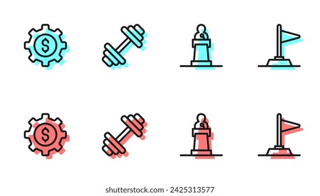 Set line Speaker, Gear with dollar, Dumbbell and Flag icon. Vector