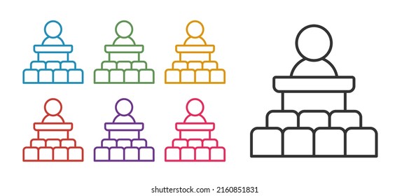 Set line Speaker icon isolated on white background. Orator speaking from tribune. Public speech. Person on podium. Set icons colorful. Vector