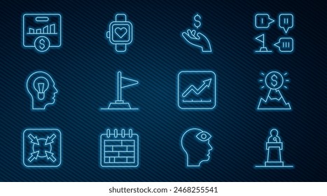 Set line Lautsprecher, Berge mit Flagge, Hand halten Münzgeld, Flagge, menschliche Lampe, Key-Performance-Indikator, finanzielle Wachstumssteigerung und Smart-Uhr-Symbol. Vektorgrafik