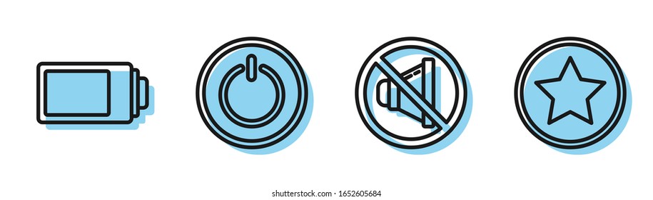 Set line Speaker mute, Battery charge level indicator, Power button and Star icon. Vector