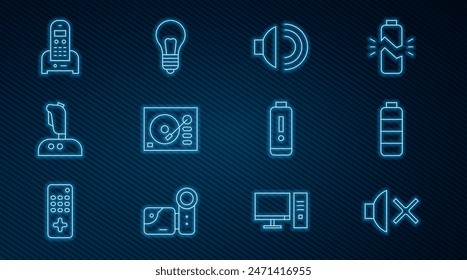 Set line Speaker mute, Battery charge level indicator, volume, Vinyl player, Joystick for arcade machine, Telephone,  and Light bulb with concept of idea icon. Vector