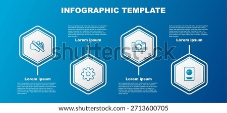 Set line Speaker mute, Cogwheel gear settings, Photo camera and Passport. Business infographic template. Vector