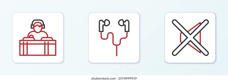 Set line Speaker mute, DJ playing music and Air headphones icon. Vector