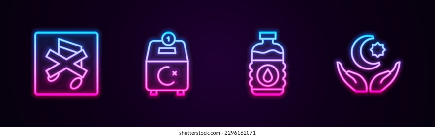 Set line Speaker mute, Donate or pay your zakat, Bottle of water and Star and crescent. Glowing neon icon. Vector