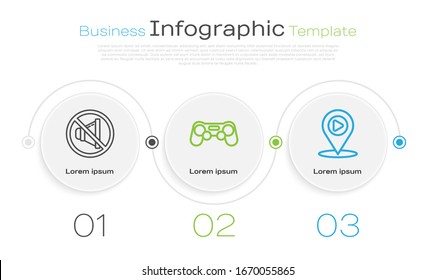 Set line Speaker mute, Gamepad and Digital media play with location. Business infographic template. Vector