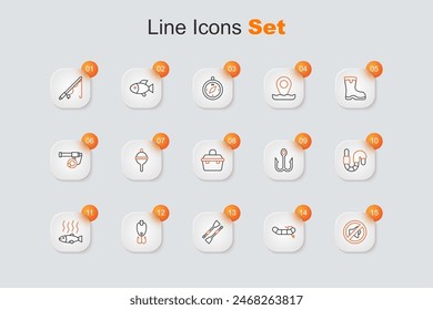 Set line Speaker mute, Inflatable boat with motor, Oars paddles, Fishing lure, Dead fish, Worm, hook and Case box for fishing equipment icon. Vector