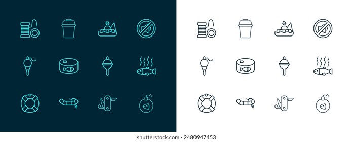 Set line Altavoz mudo, barco inflable con motor, flotador de pesca, cuchillo del ejército suizo, pescado enlatado, pescador, carrete giratorio para la pesca y el icono del cubo. Vector
