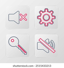 Set line Speaker mute, Key, Cogwheel gear settings and  icon. Vector