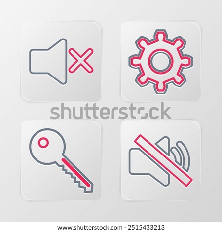 Set line Speaker mute, Key, Cogwheel gear settings and  icon. Vector