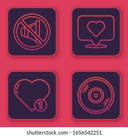 Set line Speaker mute, Like and heart, Like and heart and Vinyl disk. Blue square button. Vector