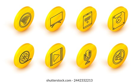 Set line Speaker mute, Microphone, Play Video, Film reel, Floppy disk for computer data storage, Tablet, Smart Tv and Wi-Fi wireless internet network icon. Vector