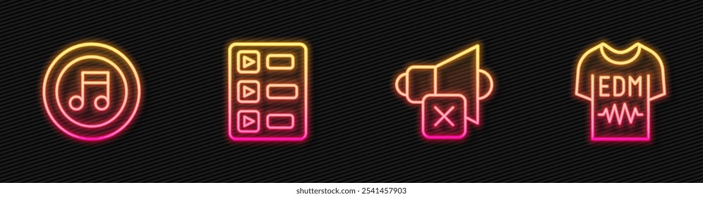 Set line Speaker mute, Music note, tone, playlist and T-shirt. Glowing neon icon. Vector