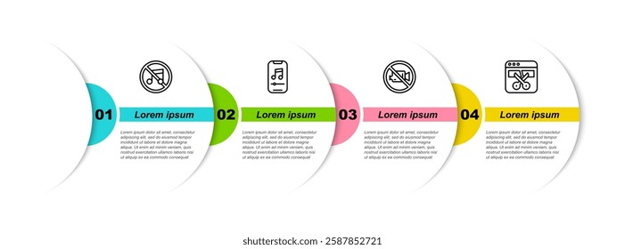 Set line Speaker mute, Music player, Prohibition no video recording and Video recorder editor. Business infographic template. Vector