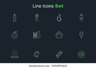 Set line Speaker mute, Oars or paddles boat, Swiss army knife, Location fishing, Fishing float, Case box for equipment, Spinning reel and Bomb icon. Vector