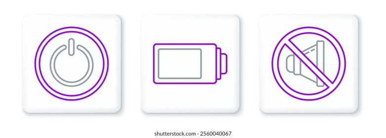 Set line Speaker mute, Power button and Battery charge level indicator icon. Vector