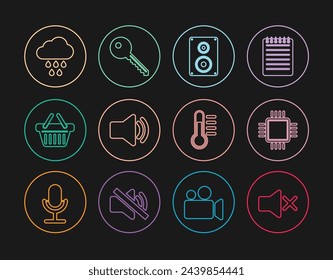 Set line Speaker mute, Processor with CPU, Stereo speaker, volume, Shopping basket, Cloud rain, Thermometer and Key icon. Vector