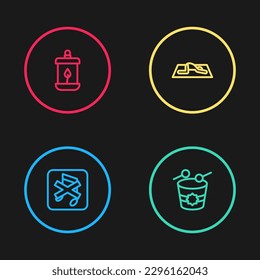 Set line Speaker mute, Ramadan drum, Muslim man prays and Kareem lantern icon. Vector