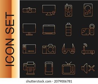 Set line Speaker mute, Router and wi-fi signal, Cinema camera, Music player, Laptop, Computer monitor screen, Smartwatch and Battery charge level indicator icon. Vector