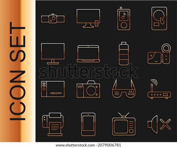 Set line Speaker\
mute, Router and wi-fi signal, Cinema camera, Music player, Laptop,\
Computer monitor screen, Smartwatch and Battery charge level\
indicator icon. Vector