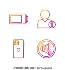 Set line Speaker mute, Smartphone, mobile phone, Battery charge level indicator and Add to friend. Gradient color icons. Vector