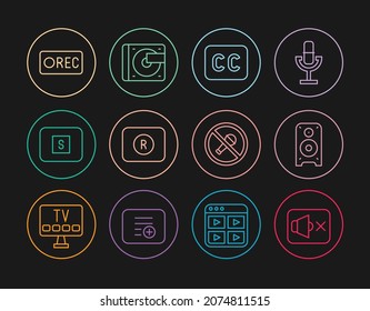 Set line Speaker mute, Stereo speaker, Subtitles, Record button, Stop media, Mute microphone and Vinyl player with vinyl disk icon. Vector