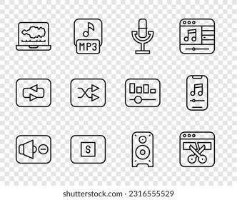 Ajuste la línea Altavoz silencioso, Grabador de vídeo o editor, Micrófono, botón Detener medio, Sonido, barrido de flecha, Altavoz estéreo e icono de reproductor de música. Vector