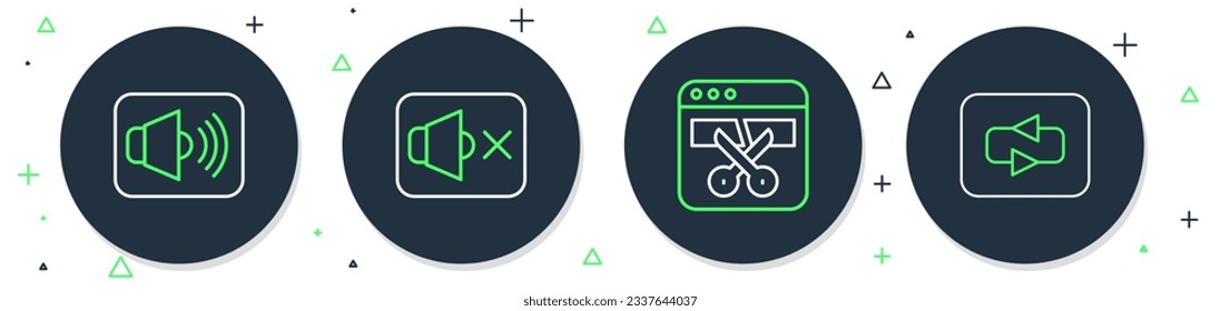 Set line Speaker mute, Video recorder or editor, volume and Repeat button icon. Vector