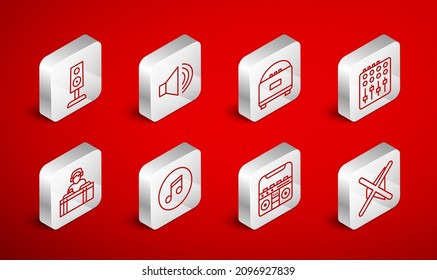 Set line Speaker mute, volume, Stereo speaker, Sound mixer controller, Home stereo with speakers, Music note, tone and DJ playing music icon. Vector