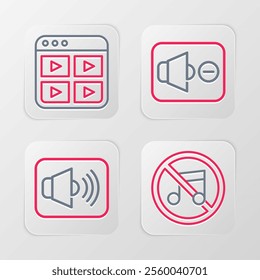 Set line Speaker mute, volume,  and Music playlist icon. Vector