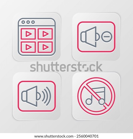 Set line Speaker mute, volume,  and Music playlist icon. Vector