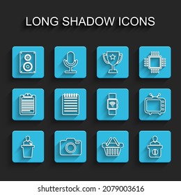 Set line Speaker, Photo camera, Stereo speaker, Shopping basket, Information desk, Notebook, Television tv and Smartwatch with wireless icon. Vector