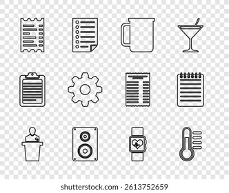 Set line Speaker, Thermometer, Coffee cup, Stereo speaker, Paper or financial check, Cogwheel gear settings, Smart watch heart beat rate and Notebook icon. Vector