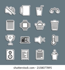 Set line Speaker, Thermometer, Trash can, Glass with water, Processor CPU, Notebook, mute and Shopping basket icon. Vector