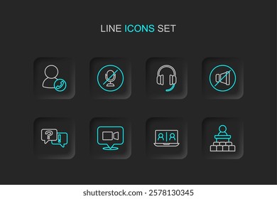 Set line Speaker, Video chat conference, Question and Answer, Mute microphone, Headphones,  and  icon. Vector